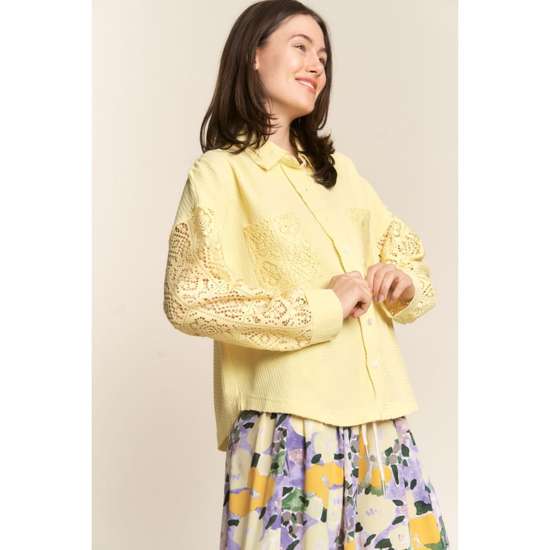 J.NNA Button Down Lace Long Sleeve Waffle Shirt | The Urban Clothing Shop™