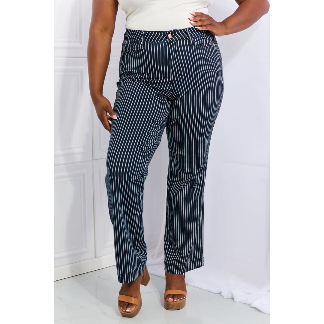 Judy Blue Cassidy Full Size High Waisted Tummy Control Striped Straight Jeans | The Urban