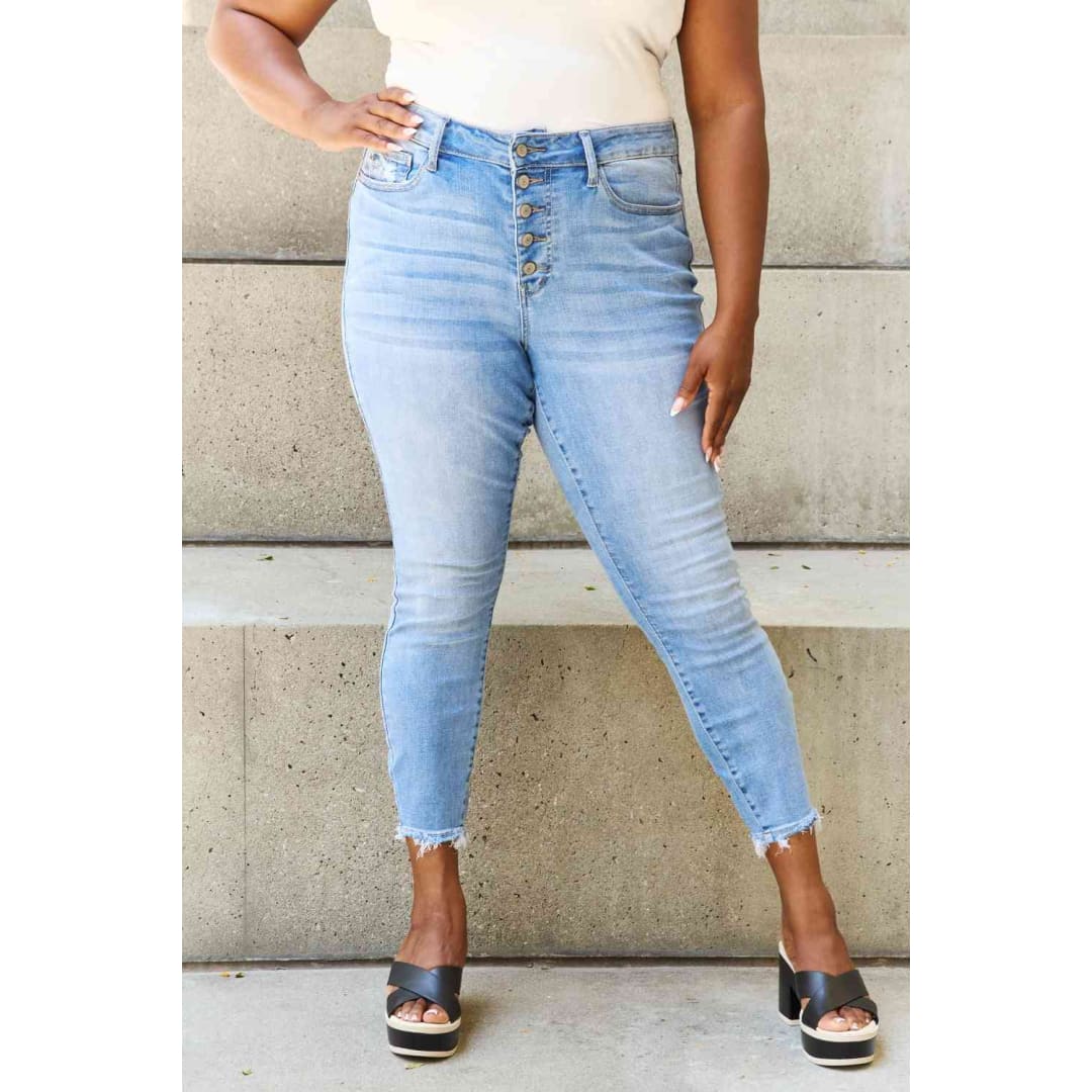 Judy Blue Full Size Button Fly Raw Hem Jeans | The Urban Clothing Shop™