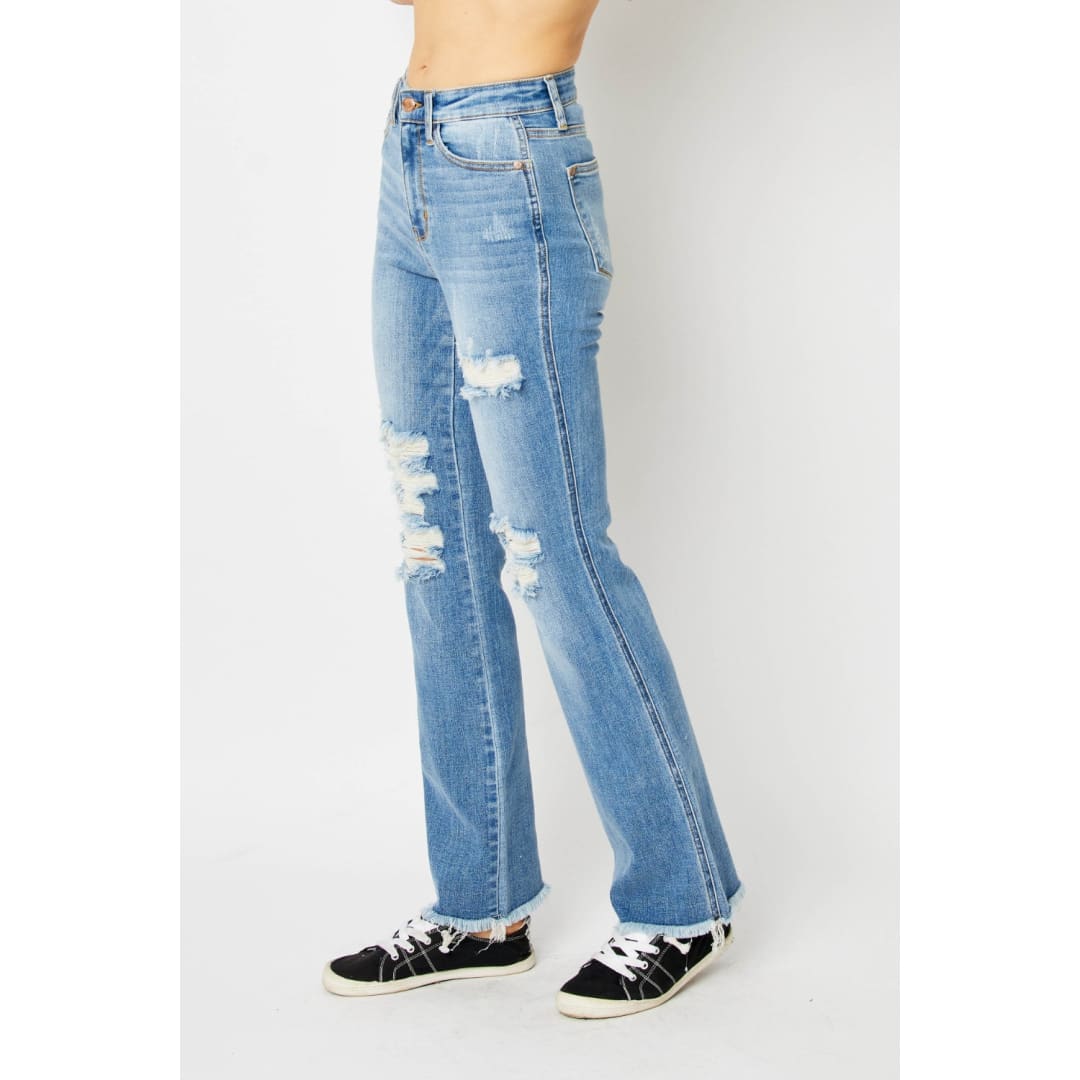 Judy Blue Full Size Distressed Raw Hem Bootcut Jeans | The Urban Clothing Shop™