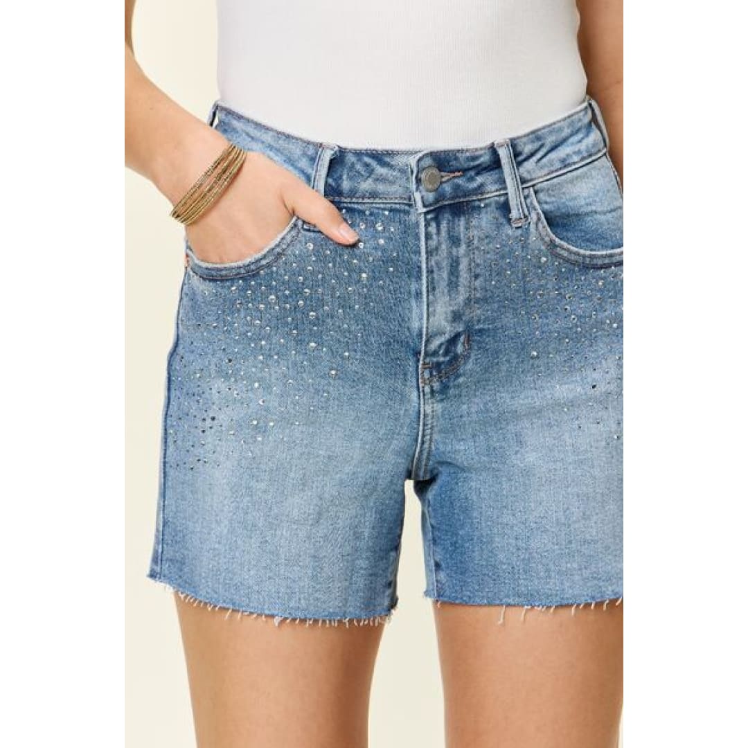 Judy Blue Full Size High Waist Rhinestone Decor Denim Shorts | The Urban Clothing Shop™