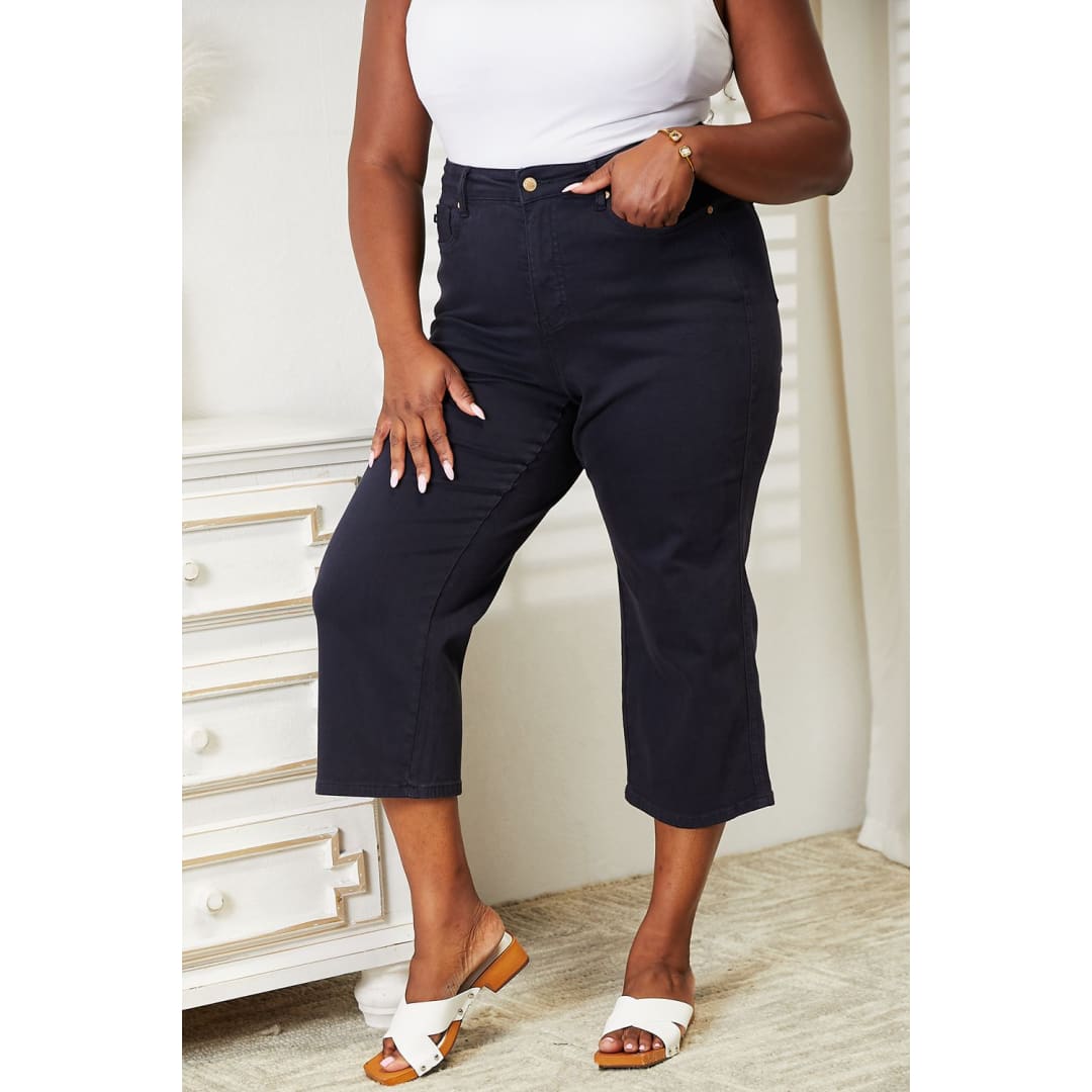 Judy Blue Full Size High Waist Tummy Control Garment Dyed Wide Cropped Jeans | The Urban