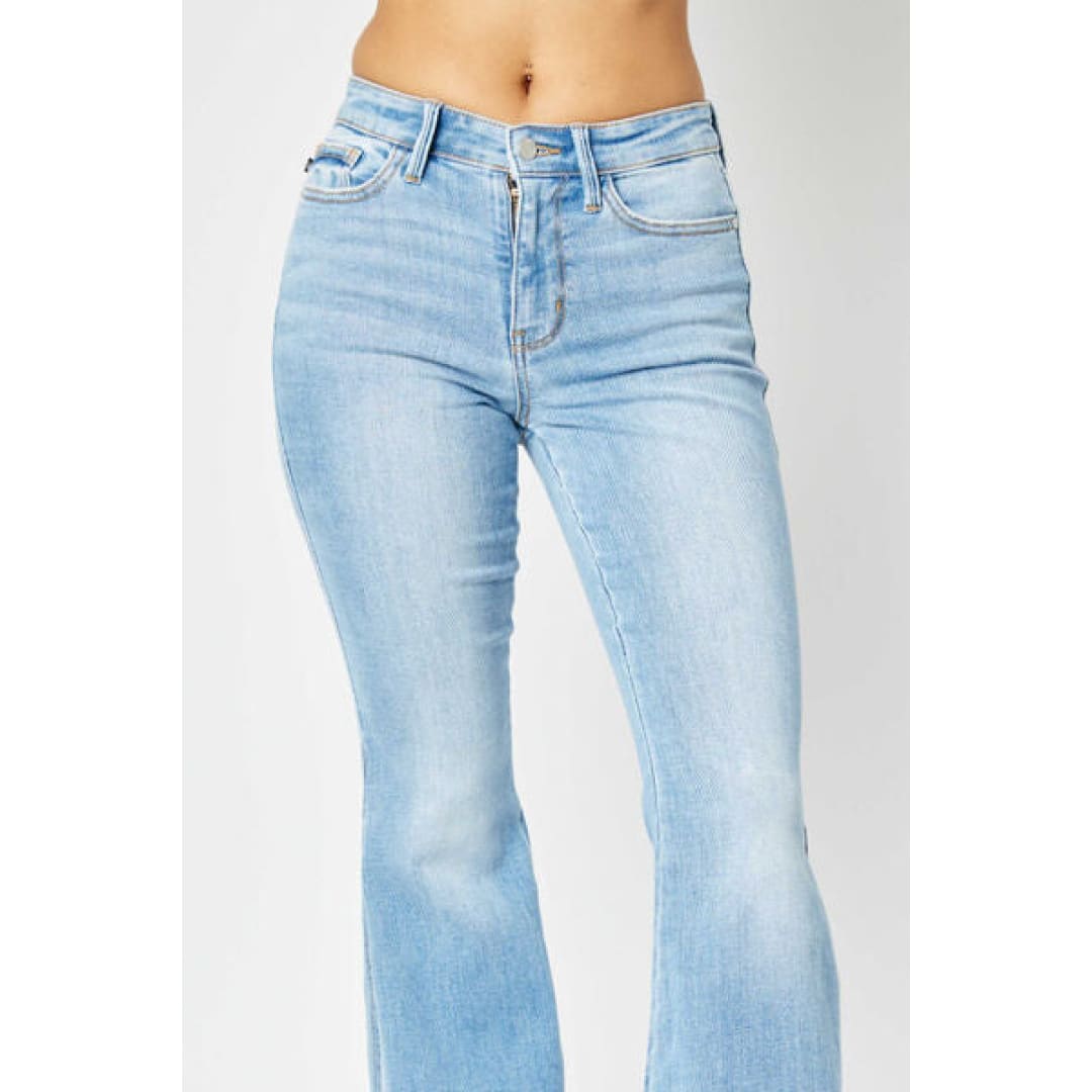Judy Blue Full Size Mid Rise Raw Hem Slit Flare Jeans | The Urban Clothing Shop™