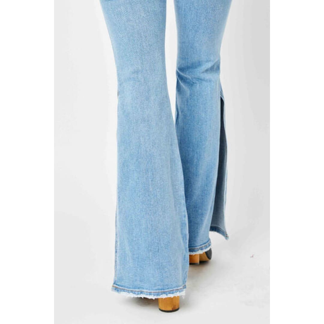 Judy Blue Full Size Mid Rise Raw Hem Slit Flare Jeans | The Urban Clothing Shop™