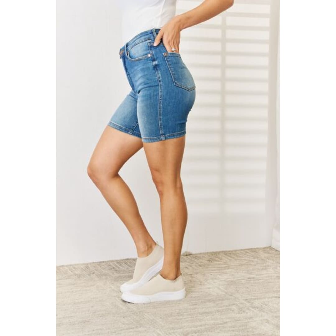 Judy Blue Full Size Tummy Control Double Button Bermuda Denim Shorts | The Urban Clothing