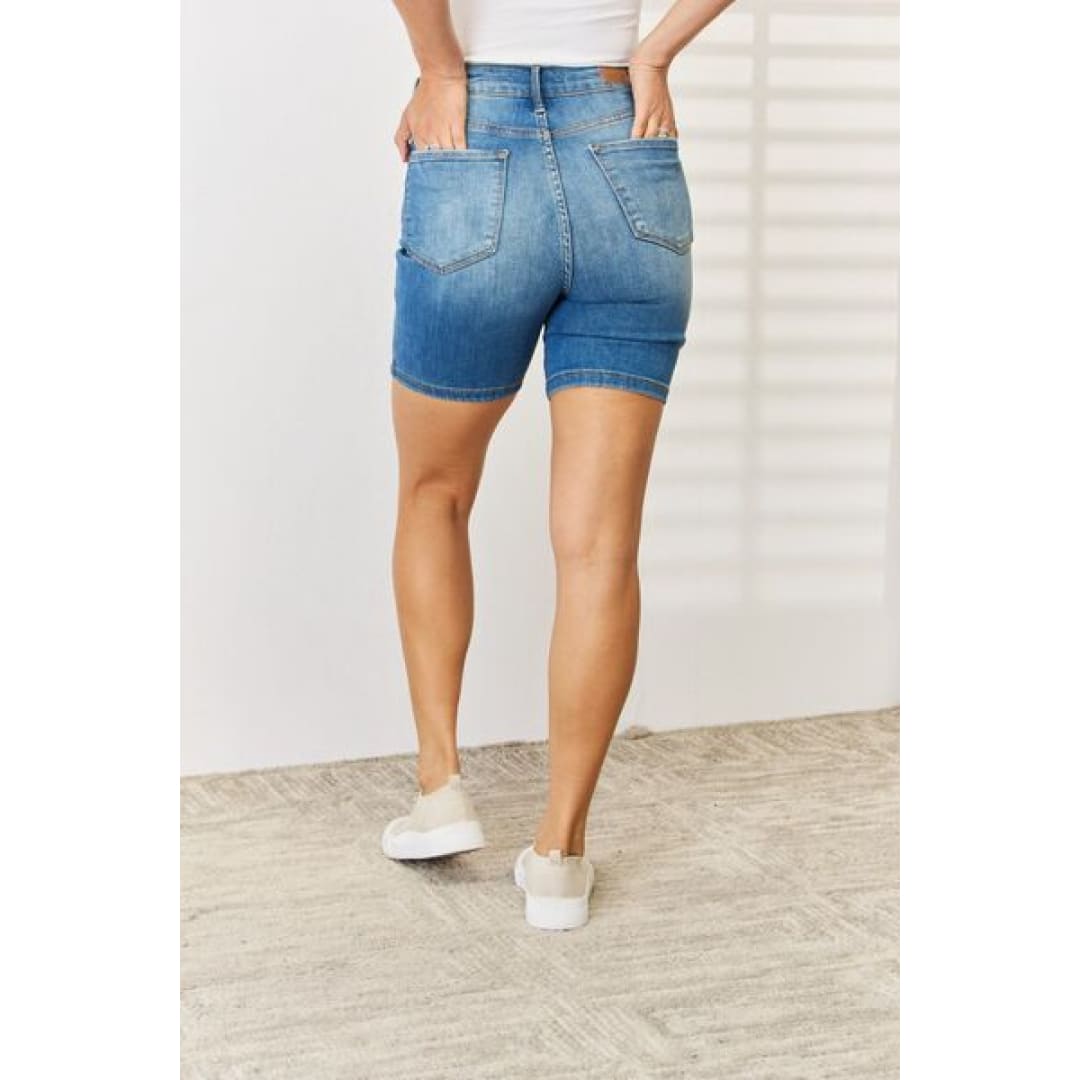 Judy Blue Full Size Tummy Control Double Button Bermuda Denim Shorts | The Urban Clothing