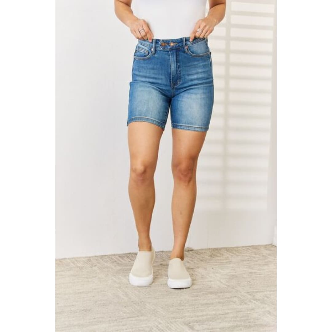 Judy Blue Full Size Tummy Control Double Button Bermuda Denim Shorts | The Urban Clothing