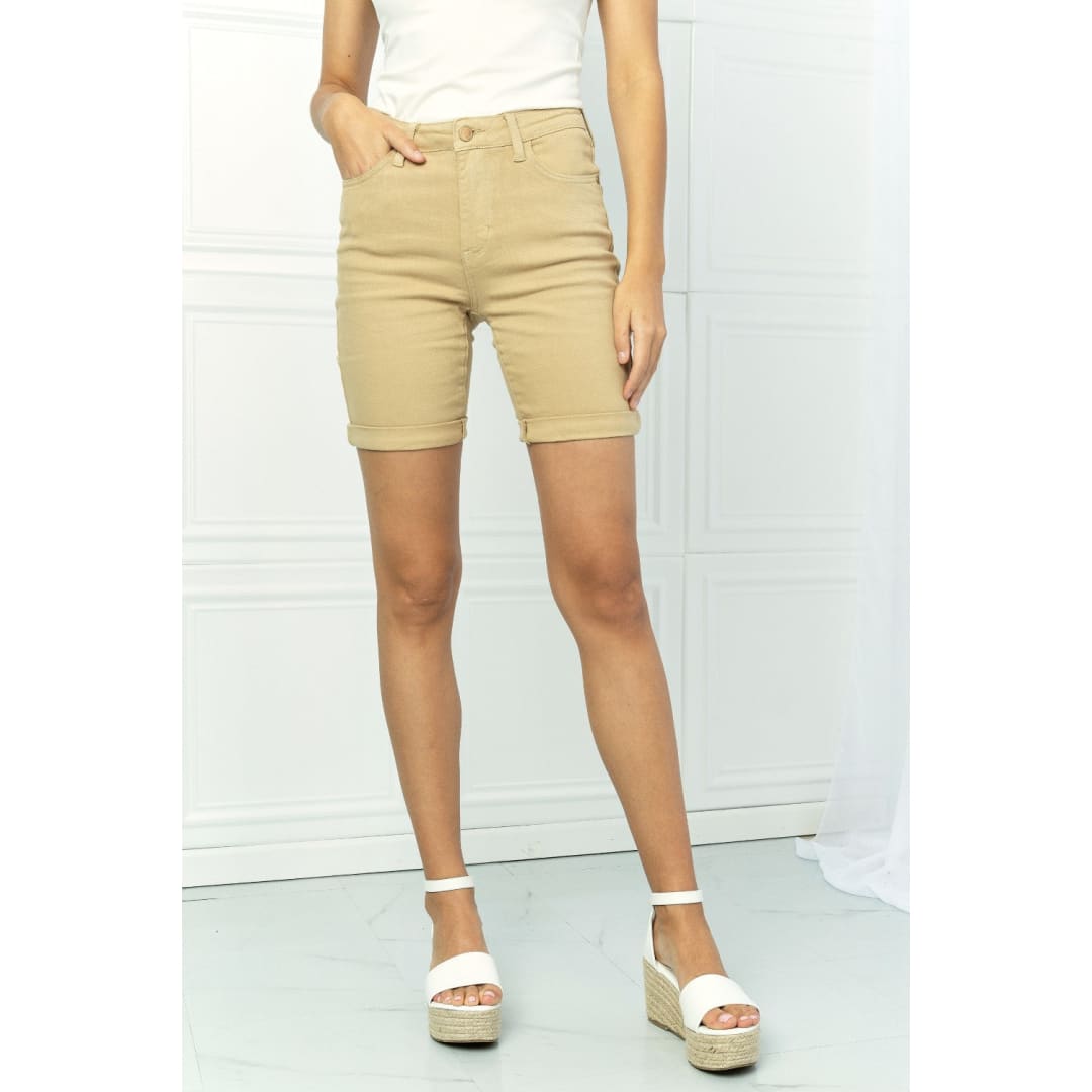 Judy Blue Mariana Full Size Midrise Khaki Cuffed Bermuda Shorts | The Urban Clothing Shop™