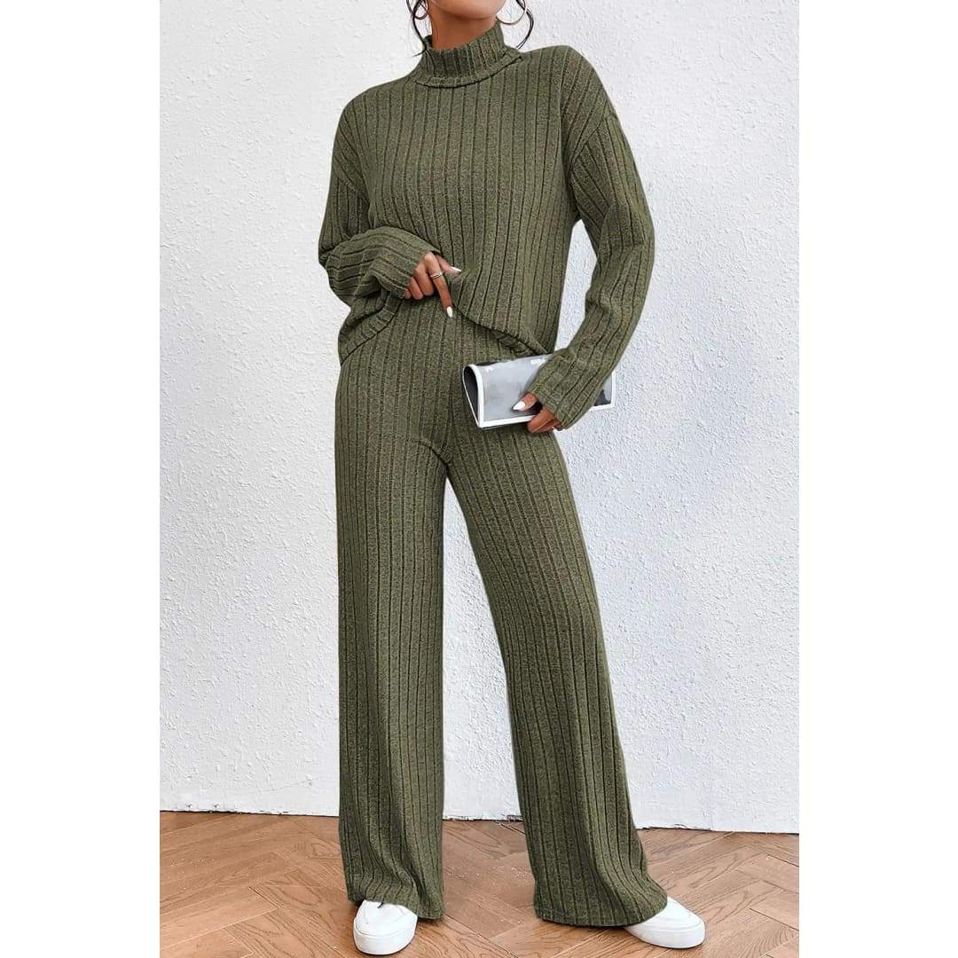 Jungle Green Ribbed Knit High Neck Loose Top and Pants Set | Fashionfitz