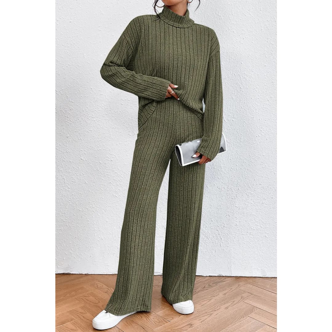 Jungle Green Ribbed Knit High Neck Loose Top and Pants Set | Fashionfitz