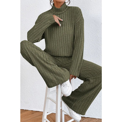 Jungle Green Ribbed Knit High Neck Loose Top and Pants Set | Fashionfitz