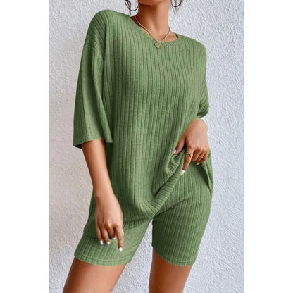 Jungle Green Ribbed Knit High Neck Loose Top and Pants Set | Fashionfitz