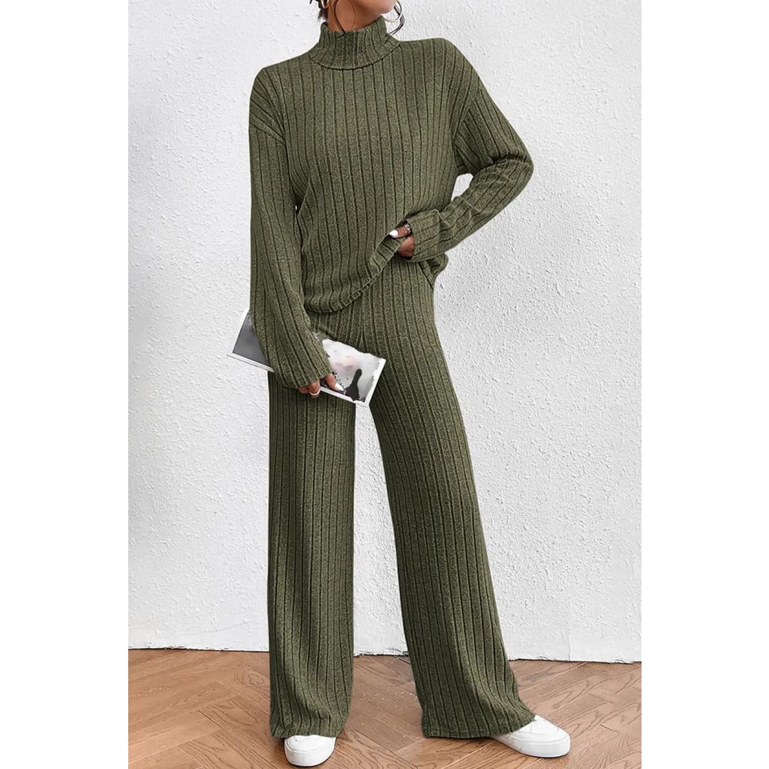 Jungle Green Ribbed Knit High Neck Loose Top and Pants Set | Fashionfitz