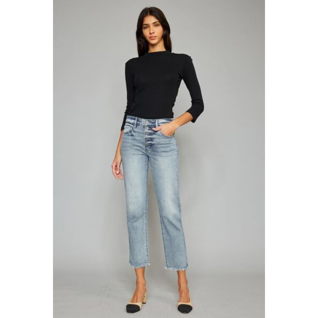 Kancan High Waist Button Fly Raw Hem Cropped Straight Jeans | The Urban Clothing Shop™