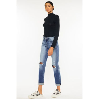 Kancan High Waist Distressed Hem Detail Cropped Straight Jeans | The Urban Clothing Shop™