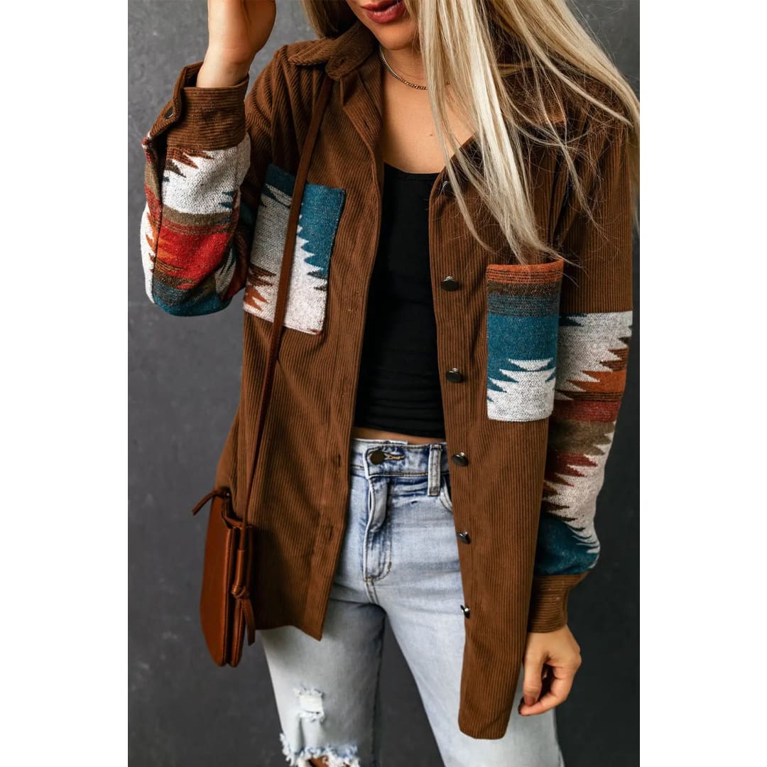 Khaki Aztec Pattern Corduroy Shacket | Fashionfitz