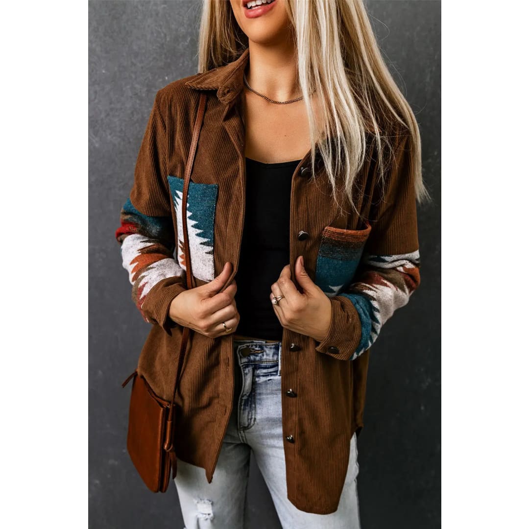 Khaki Aztec Pattern Corduroy Shacket | Fashionfitz