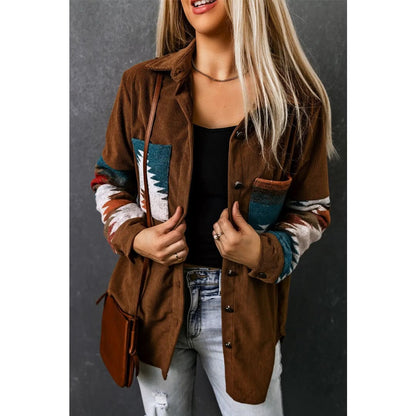 Khaki Aztec Pattern Corduroy Shacket | Fashionfitz