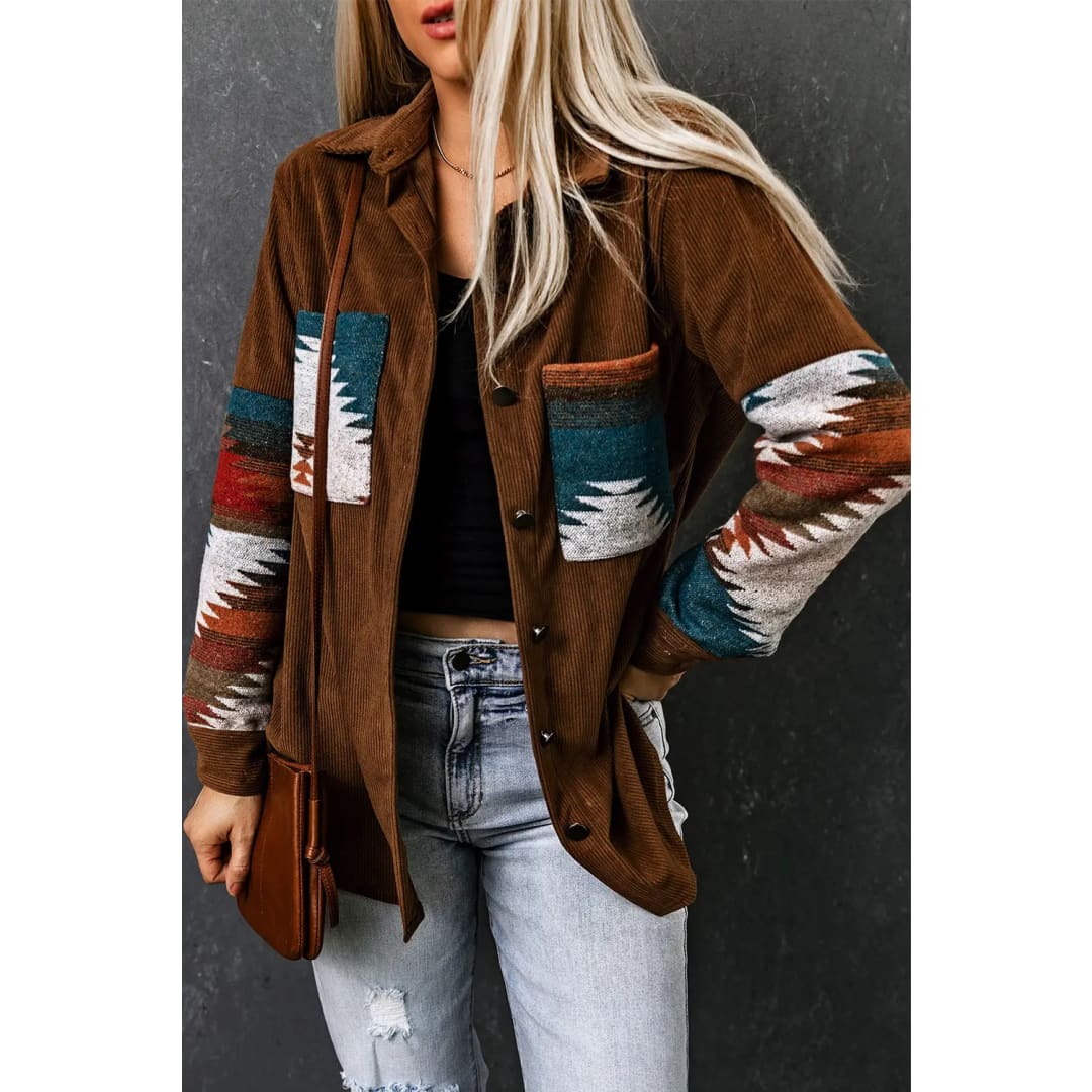 Khaki Aztec Pattern Corduroy Shacket | Fashionfitz