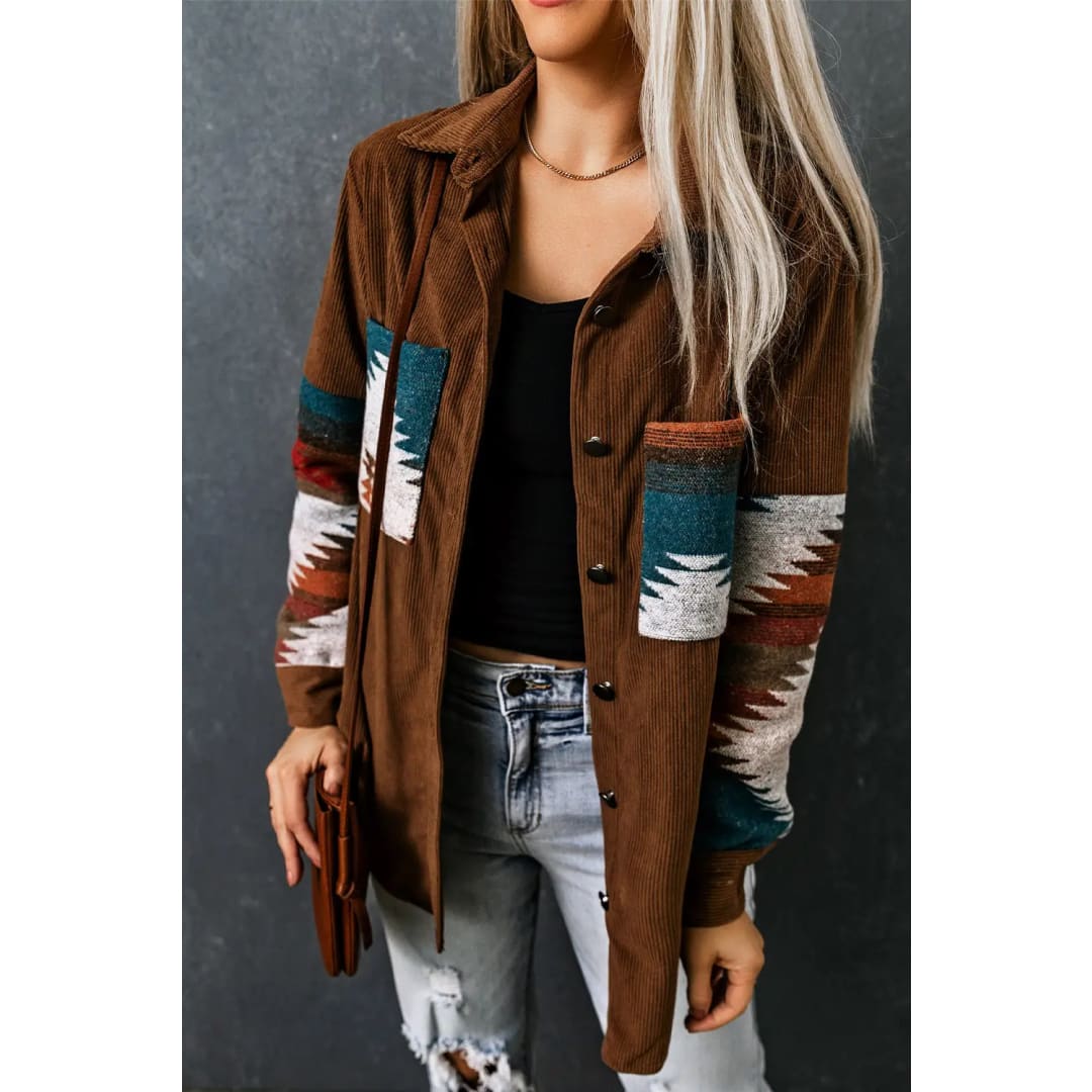 Khaki Aztec Pattern Corduroy Shacket | Fashionfitz