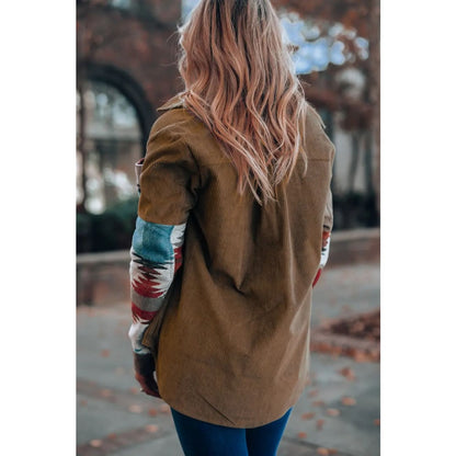 Khaki Aztec Pattern Corduroy Shacket | Fashionfitz