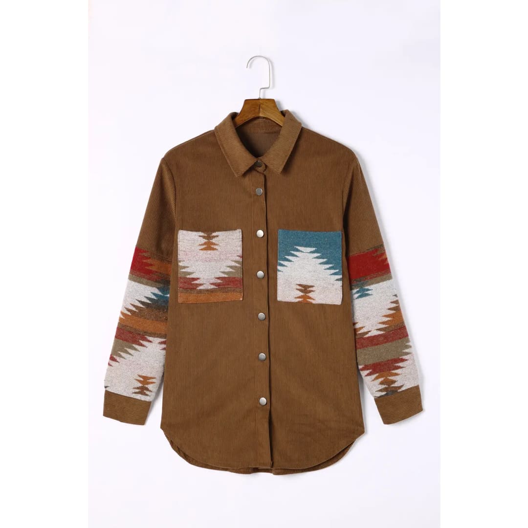 Khaki Aztec Pattern Corduroy Shacket | Fashionfitz