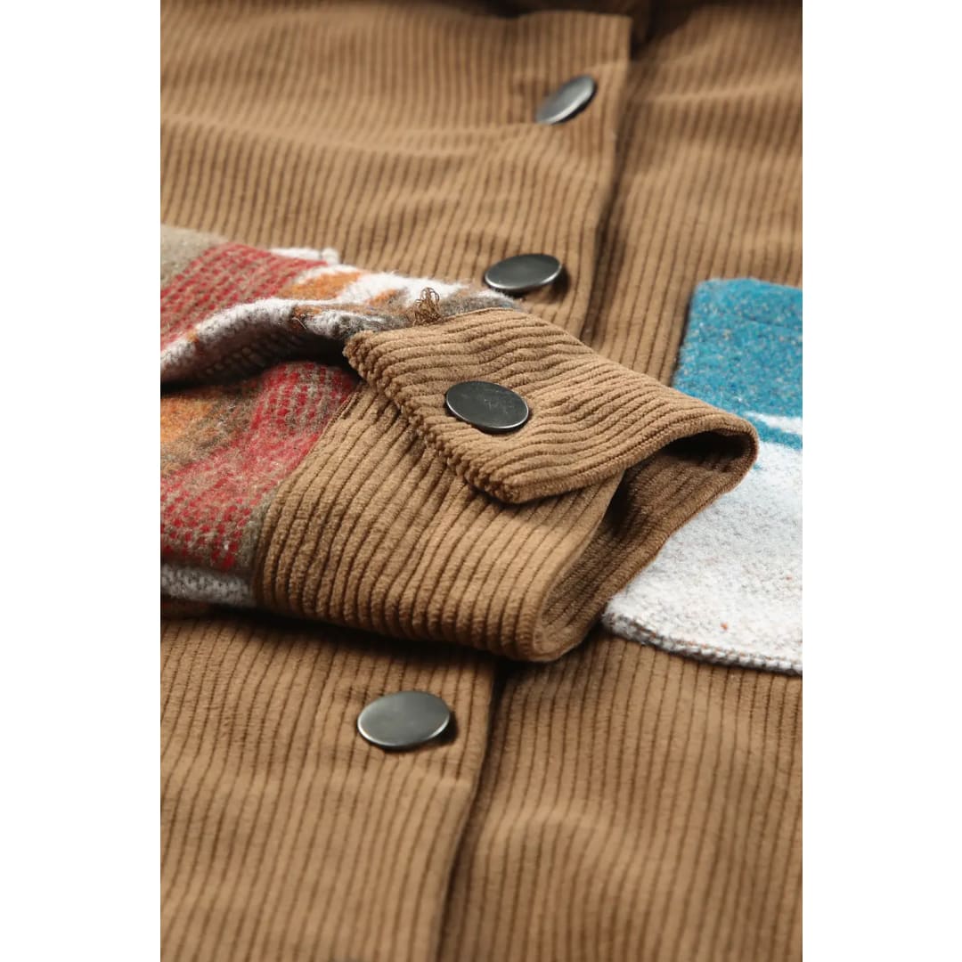 Khaki Aztec Pattern Corduroy Shacket | Fashionfitz