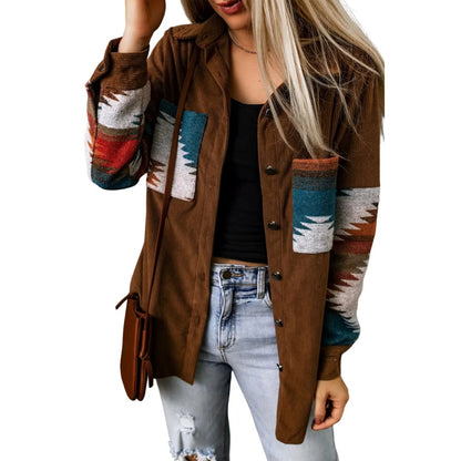 Khaki Aztec Pattern Corduroy Shacket | Fashionfitz