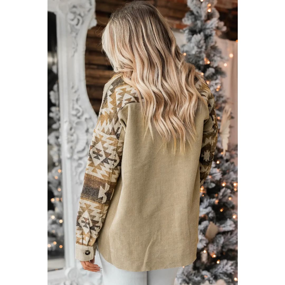 Khaki Aztec Print Patchwork Frayed Edge Corduroy Jacket | Fashionfitz