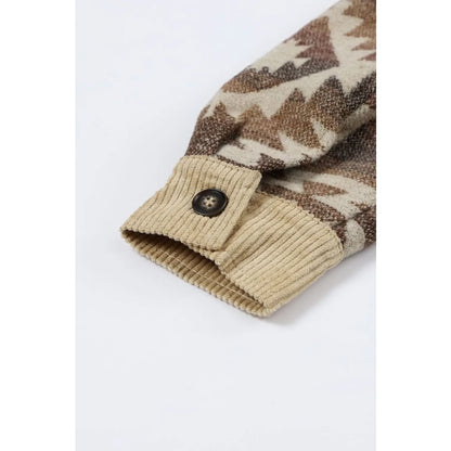 Khaki Aztec Print Patchwork Frayed Edge Corduroy Jacket | Fashionfitz