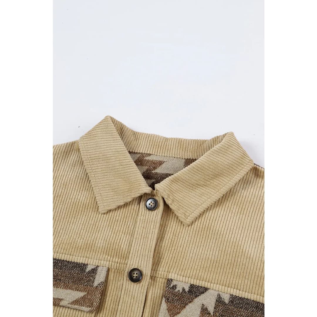 Khaki Aztec Print Patchwork Frayed Edge Corduroy Jacket | Fashionfitz