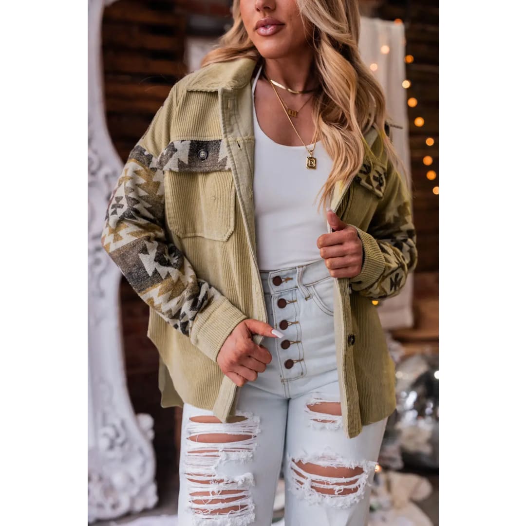 Khaki Aztec Print Patchwork Frayed Edge Corduroy Jacket | Fashionfitz