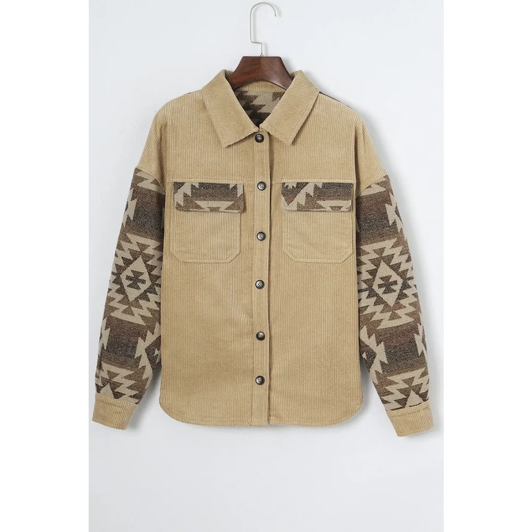 Khaki Aztec Print Patchwork Frayed Edge Corduroy Jacket | Fashionfitz