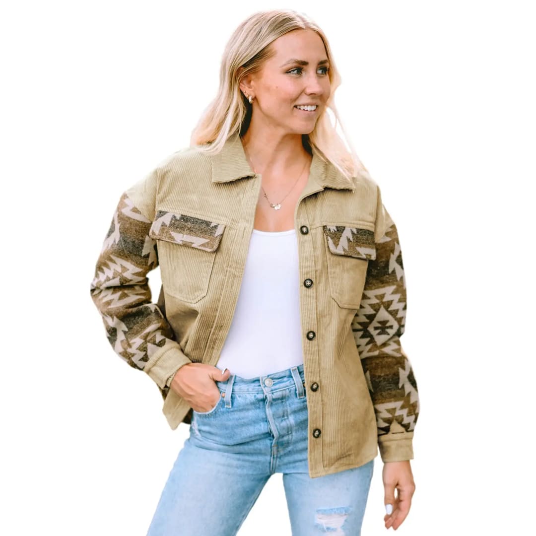 Khaki Aztec Print Patchwork Frayed Edge Corduroy Jacket | Fashionfitz