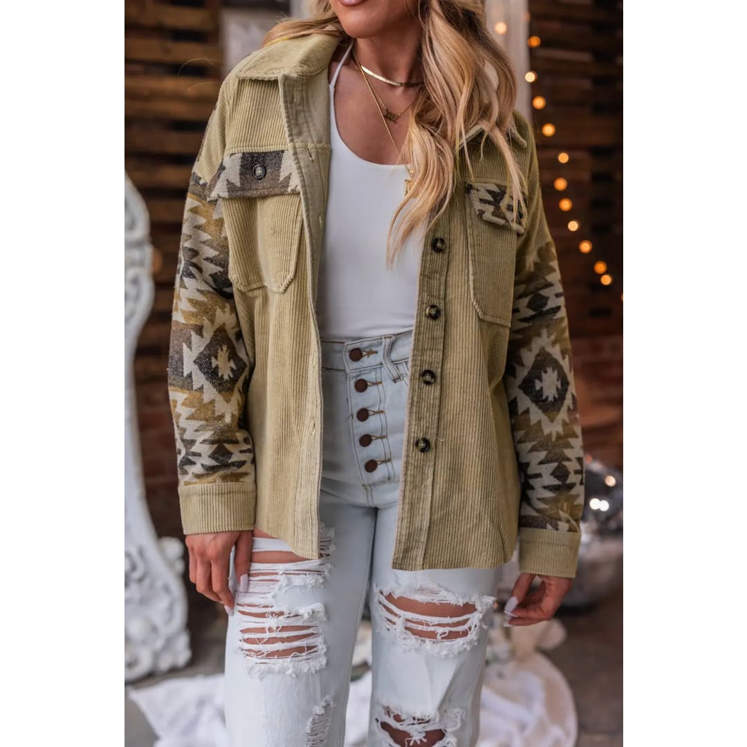 Khaki Aztec Print Patchwork Frayed Edge Corduroy Jacket | Fashionfitz