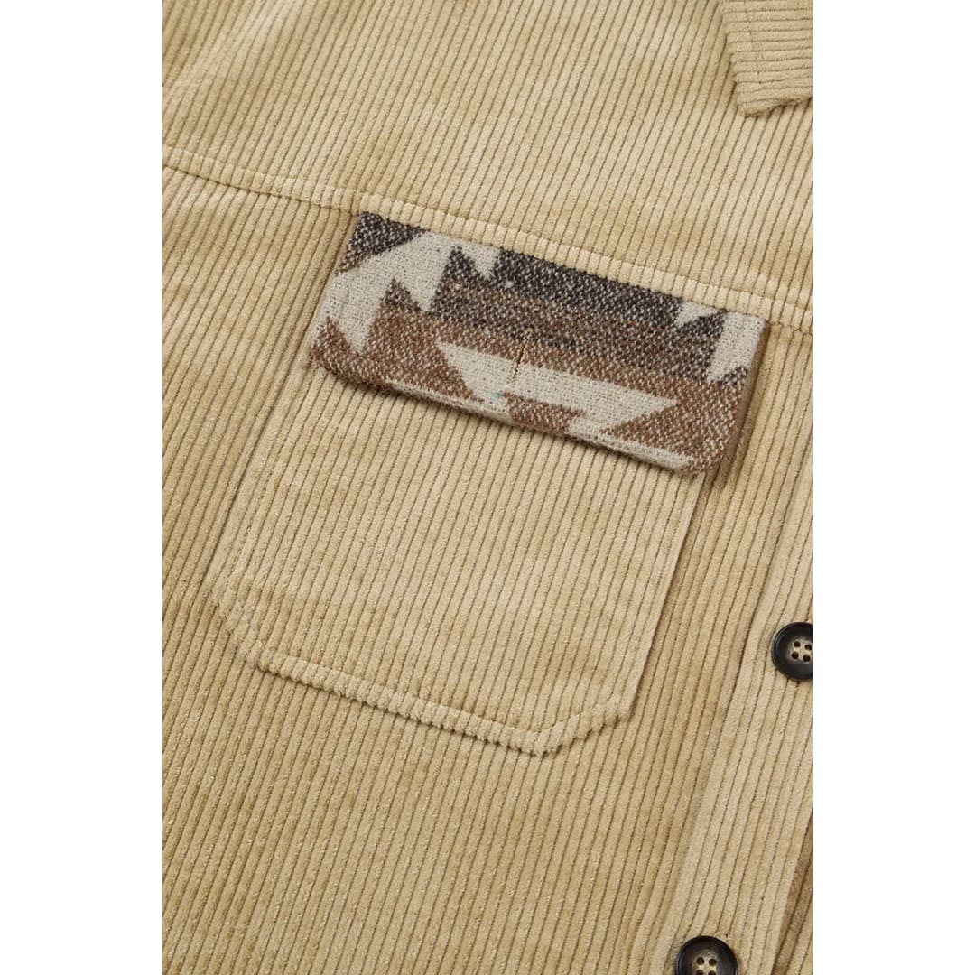 Khaki Aztec Print Patchwork Frayed Edge Corduroy Jacket | Fashionfitz