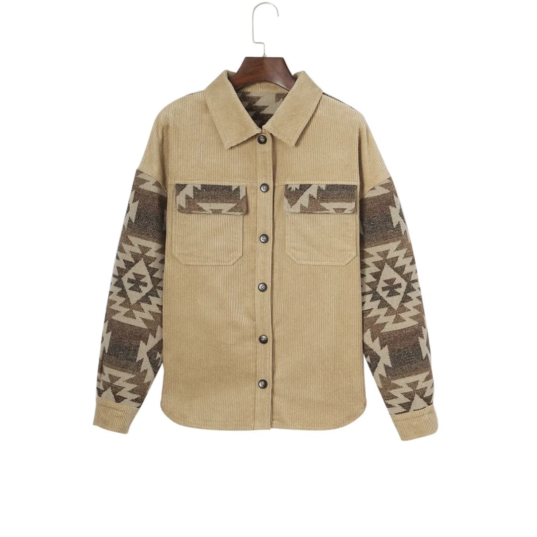 Khaki Aztec Print Patchwork Frayed Edge Corduroy Jacket | Fashionfitz