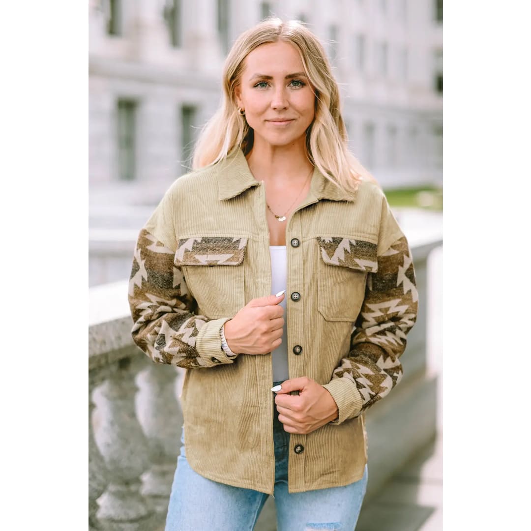 Khaki Aztec Print Patchwork Frayed Edge Corduroy Jacket | Fashionfitz