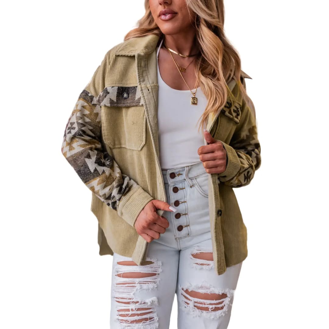 Khaki Aztec Print Patchwork Frayed Edge Corduroy Jacket | Fashionfitz