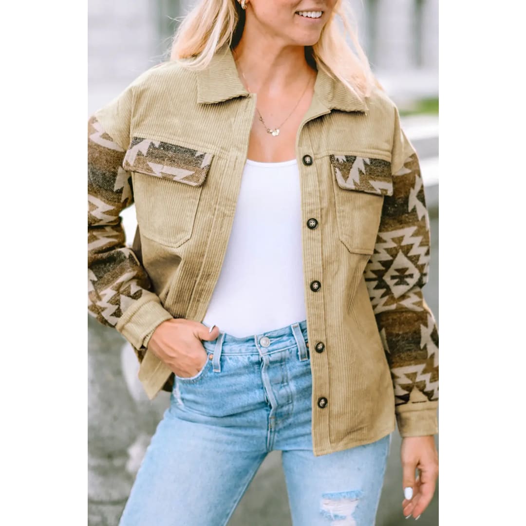 Khaki Aztec Print Patchwork Frayed Edge Corduroy Jacket | Fashionfitz