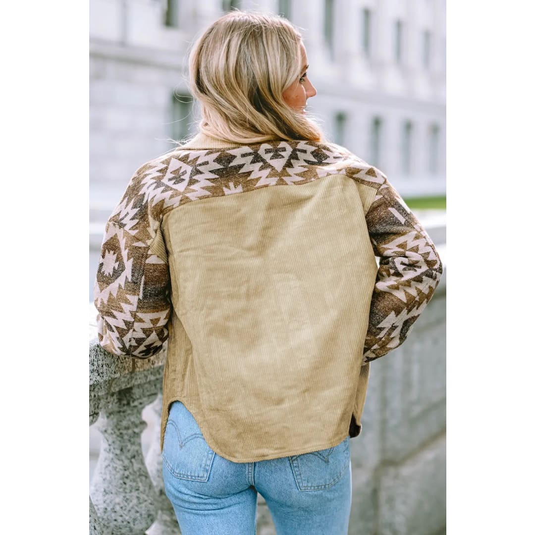 Khaki Aztec Print Patchwork Frayed Edge Corduroy Jacket | Fashionfitz