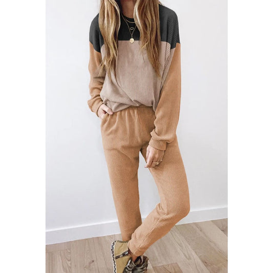 Khaki Corded 2pcs Colorblock Pullover and Pants Outfit | Fashionfitz