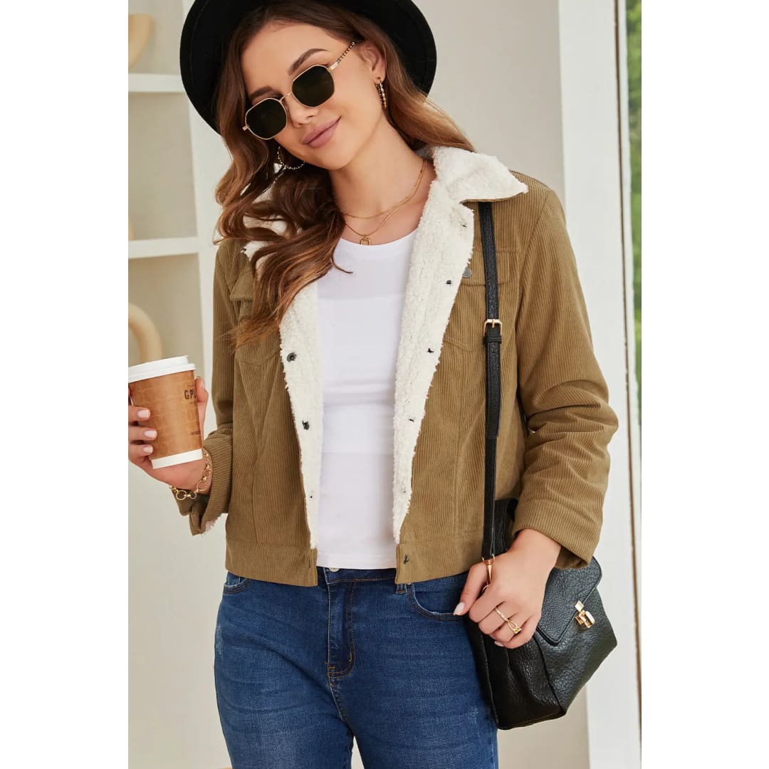 Khaki Corduroy Sherpa Snap Button Flap Jacket | Fashionfitz