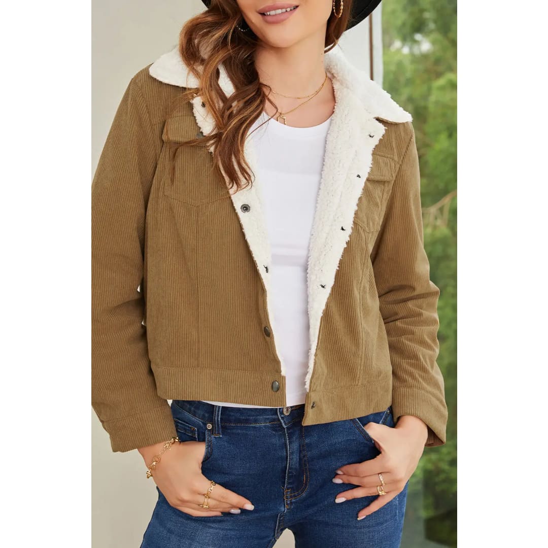 Khaki Corduroy Sherpa Snap Button Flap Jacket | Fashionfitz