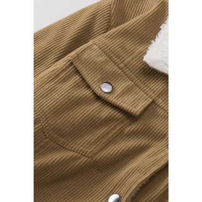 Khaki Corduroy Sherpa Snap Button Flap Jacket | Fashionfitz