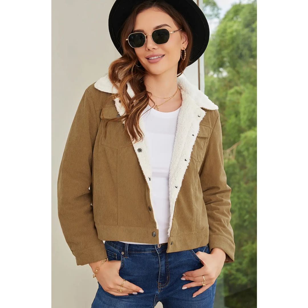 Khaki Corduroy Sherpa Snap Button Flap Jacket | Fashionfitz