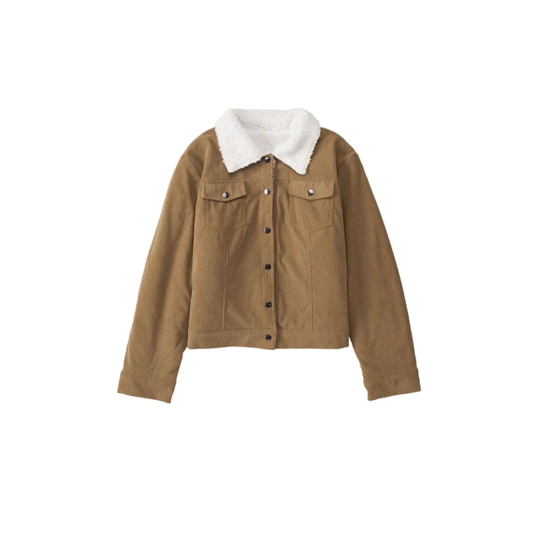 Khaki Corduroy Sherpa Snap Button Flap Jacket | Fashionfitz