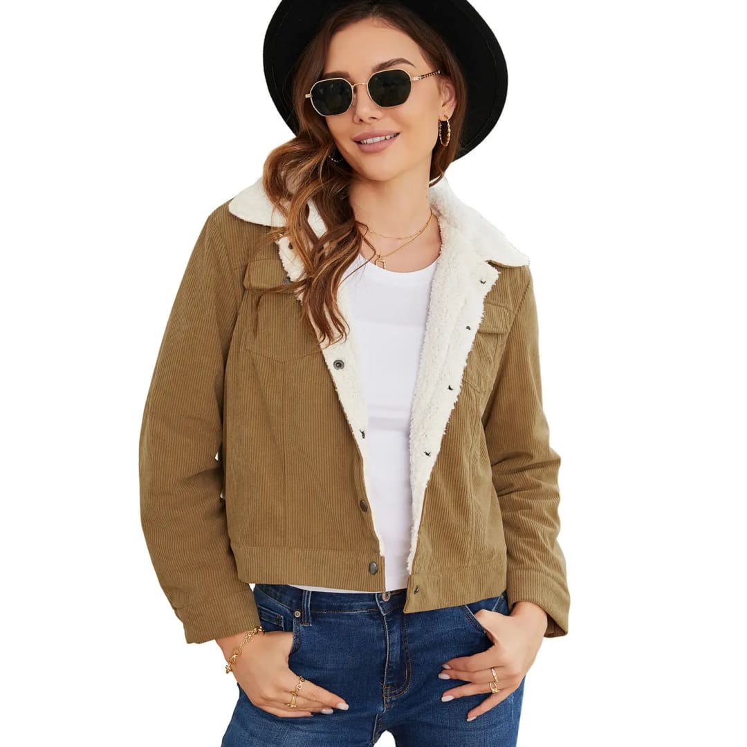 Khaki Corduroy Sherpa Snap Button Flap Jacket | Fashionfitz