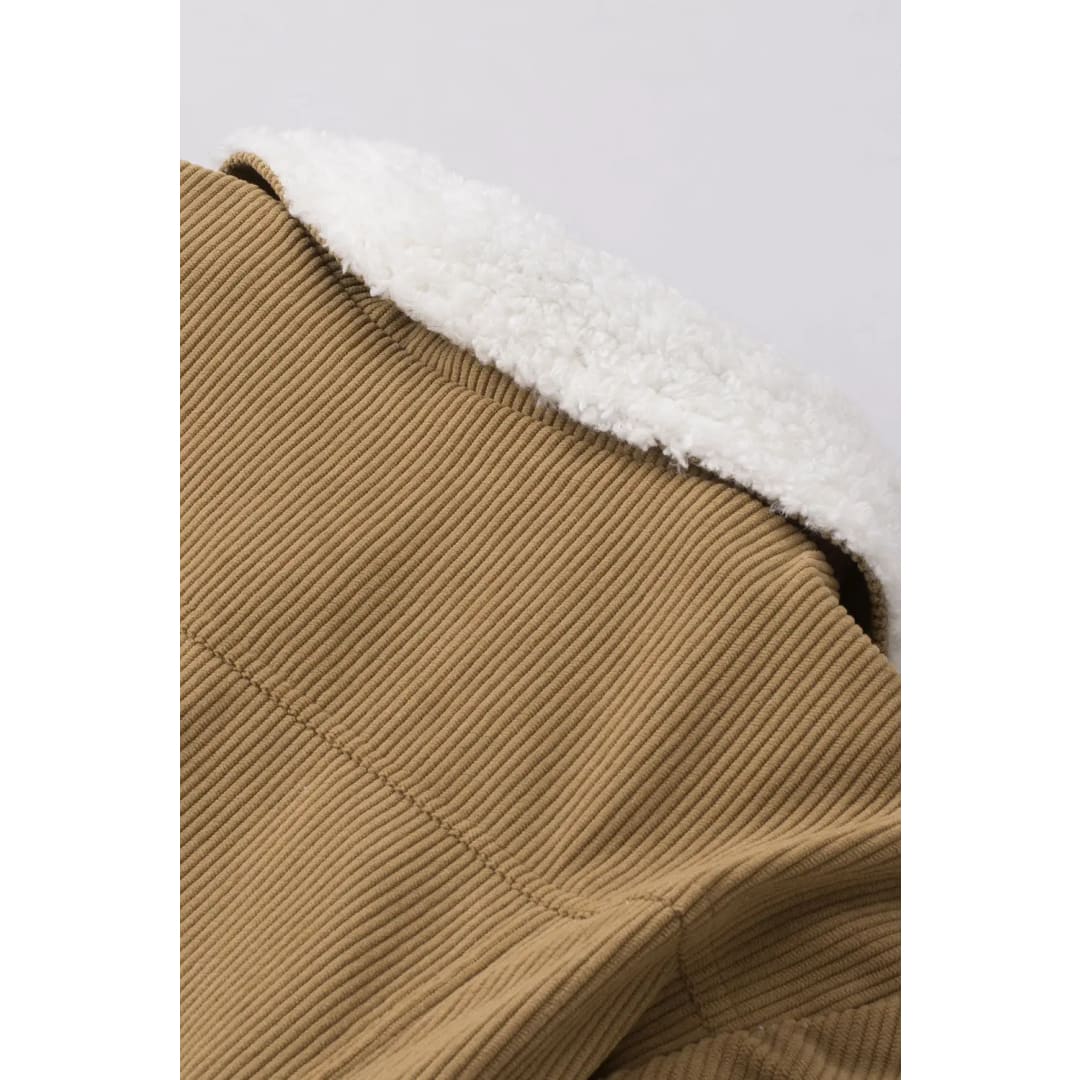 Khaki Corduroy Sherpa Snap Button Flap Jacket | Fashionfitz