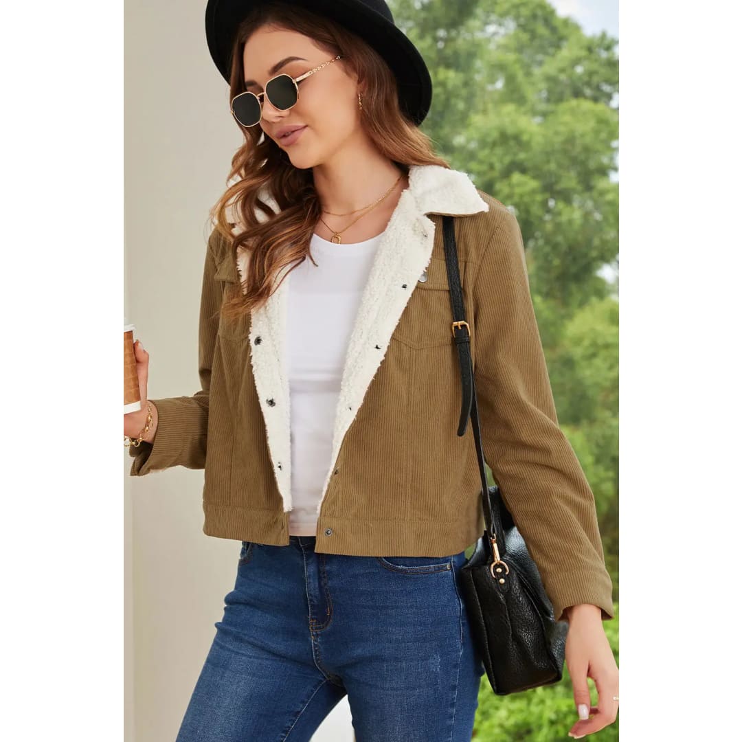 Khaki Corduroy Sherpa Snap Button Flap Jacket | Fashionfitz